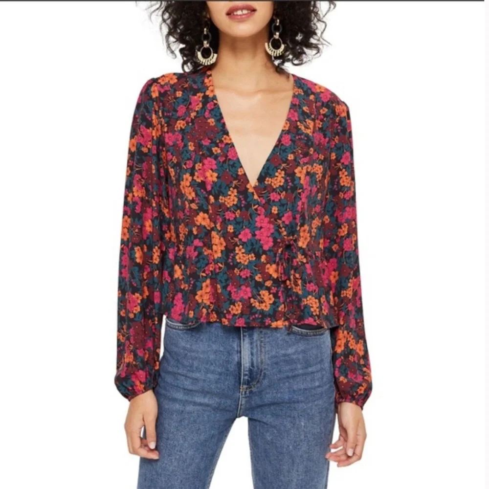 Topshop Floral Print Wrap Top - Picture 1 of 7